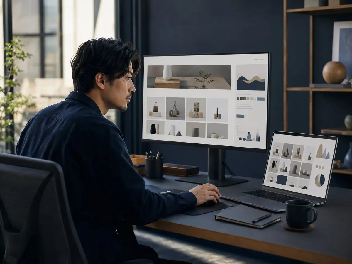 ECサイトの画面設計を確認するWebデザイナーのイメージ